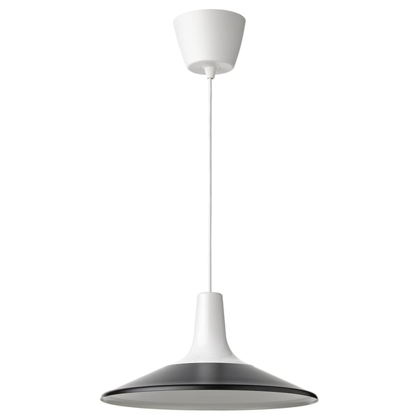 FYRTIOFYRA pendant lamp, black, plastic top, white cord, conical shade.