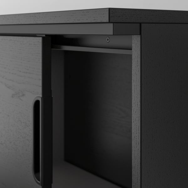 Black office cabinet with combination lock, adjustable shelves, and soft-closing doors.