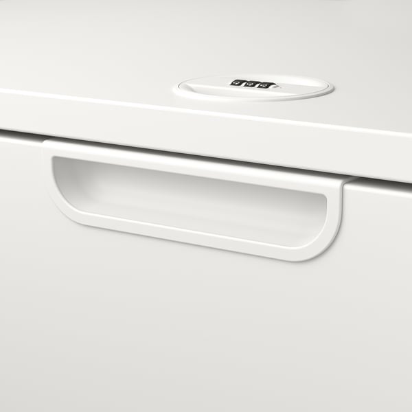 White office drawer with smooth, curved handle; lock mechanism visible.