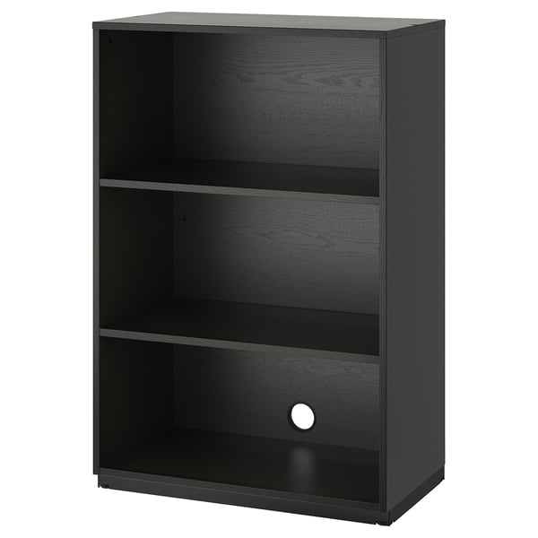 Black GALANT shelving unit, rectangular with three open shelves, modern design, wooden finish.