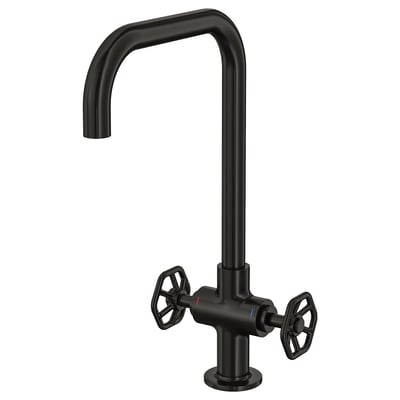 GAMLESJÖN black tap, made of brass, industrial design, two wheel handles.
