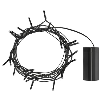 Image GETKÅL black string lights with warm white bulbs and a cylindrical black battery box. Ideal for outdoor decoration, offering a cosy ambiance.