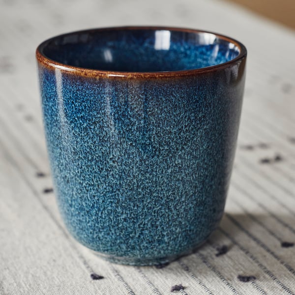Blue mug with gold rim. - blue mug, gold rim. - blue mug, gold edge.