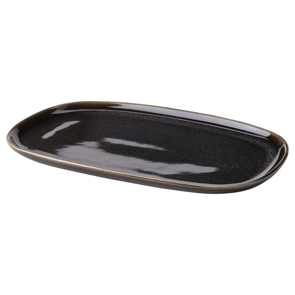 GLADELIG plate, dark grey, oval, stoneware with reactive glaze, simple elegant design.