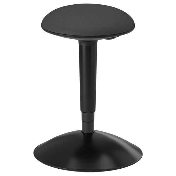 Black round sit/stand desk with padded seat, adjustable height, and smooth mechanism.
