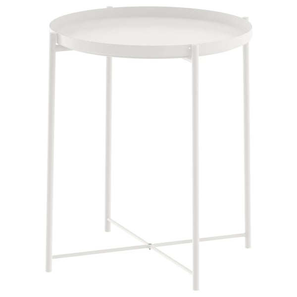 White GLADOM side table with removable tray, modern steel frame.