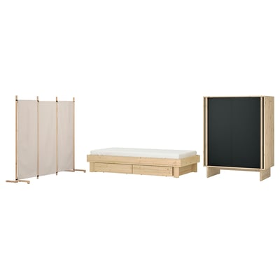 Three-piece furniture set: extendable bed, black wardrobe, beige room divider, all in natural wood.