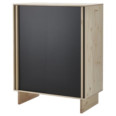 GLAMBERGET wardrobe: natural wood, dark grey panels, rectangular shape, linen texture, double-sided doors.