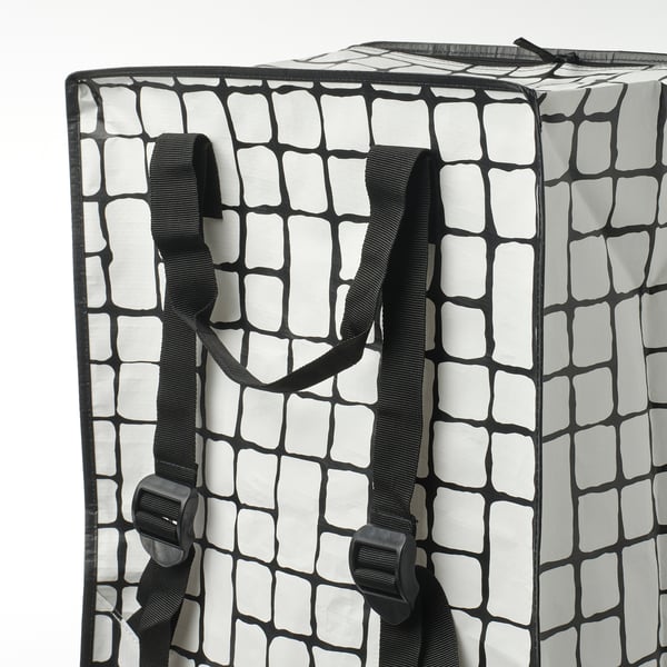Black and white grid-patterned bag with sturdy black straps and buckles, designed for carrying and storage.
