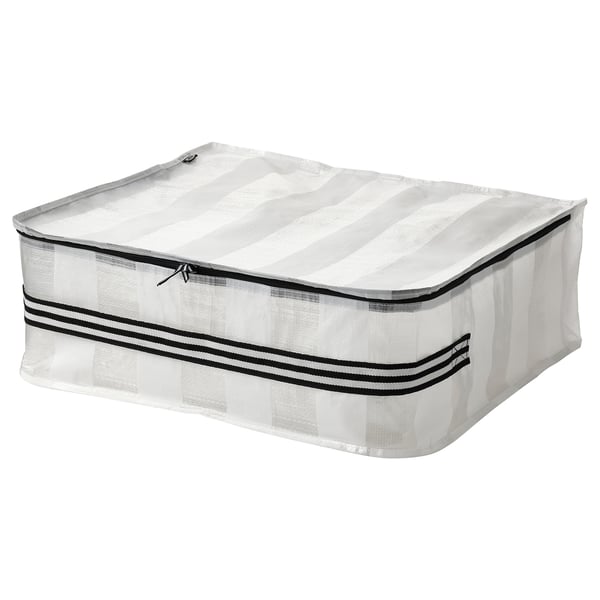 A GÖRSNYGG storage case in white, rectangular with a mesh design and black accents, featuring a handle and zip closure.