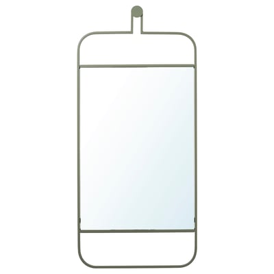 GRANVÅG mirror, olive green, metal frame, rectangular, wall-mounted, with hooks.