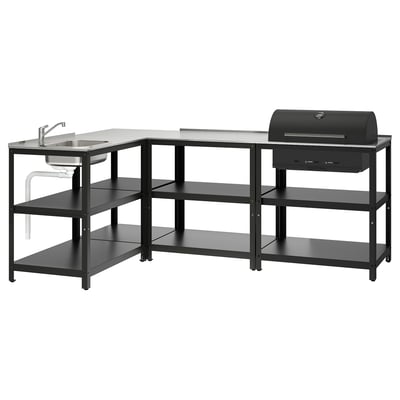 An a black GRILLSKÄR outdoor kitchen unit featuring a sink, shelves, and a grill. Modern design, durable steel construction.