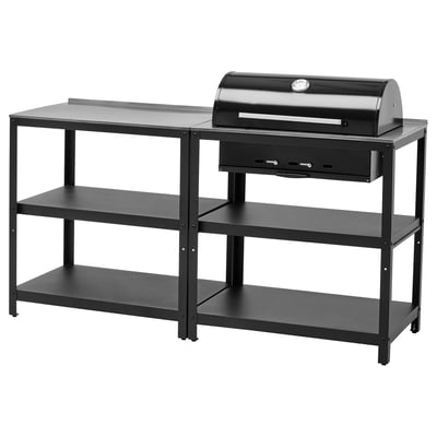 Black GRILLSKÄR grill stand with three shelves, stainless steel top.