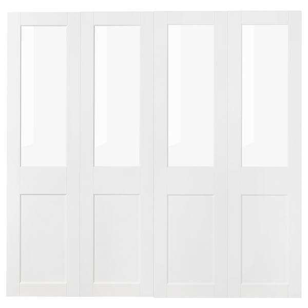 White GRIMO wardrobe doors, with glass panels and white covers, sliding style.