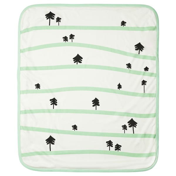 GRÖNFINK baby blanket - light green, cotton, square, with wavy lines and tree designs.