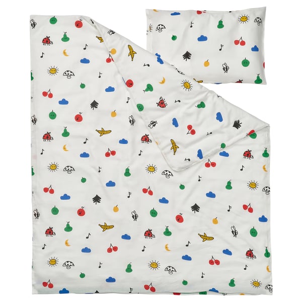 GRÖNFINK baby duvet set, white with colourful fruit, bugs, clouds, soft cotton blend, square with pillow.