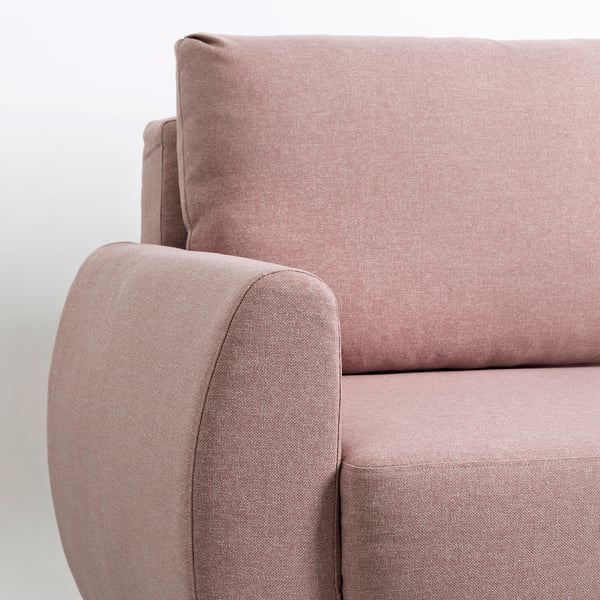 Clean-lined, pink fabric sofa-bed showcasing high-quality, comfortable cushions and modern design.