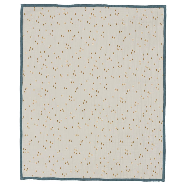 GULDVÄVARE baby blanket, cream with orange dots, blue border, rectangular, soft organic cotton.