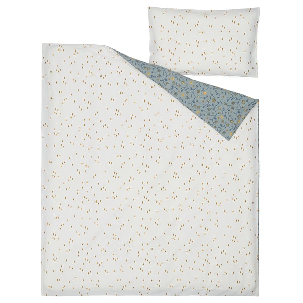 GULDVÄVARE duvet & pillow in blue with flower & dot patterns, organic cotton.