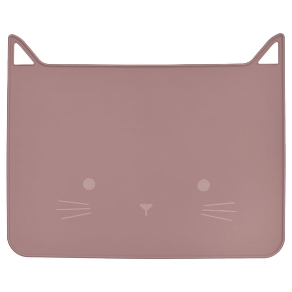 Depicts a light pink GULDVÄVARE silicone place mat designed like a cat face with ears, whiskers, and eyes. Its square-shaped and waterproof.