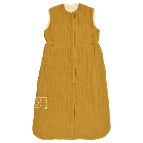 Golden yellow sleeveless baby sleep bag with zip, made of organic cotton.