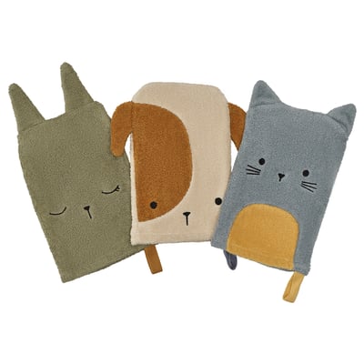 Three colourful washing mitts shaped like a cat, dog, and bear in soft organic cotton, embroidered with playful animal faces.