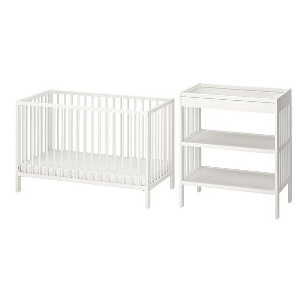 White GULLIVER baby cot and changing table set, wooden.