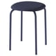 Blue GULTARP stool with round, padded seat on four slim, metal legs. Modern, stackable design.