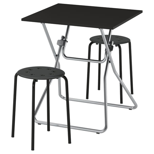 GUNDE / MARIUS Table and 2 stools, folding black/black, 67x67 cm