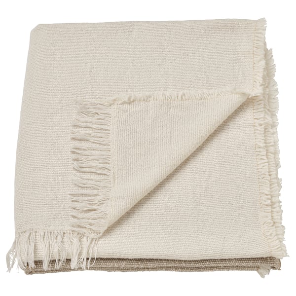 GUNNEMORe throw, cream, woven, rectangular with fringe, soft recycled polyester.