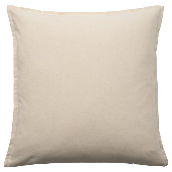 A square GURLI cushion cover in beige, made of recycled cotton. It has a plain design and a zip closure.