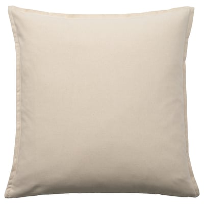 A square GURLI cushion cover in beige, made of recycled cotton. It has a plain design and a zip closure.
