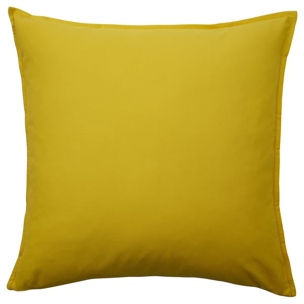 A bright yellow square GURLI pillow. Made of 100% cotton, including recycled material, it has a simple zip design.