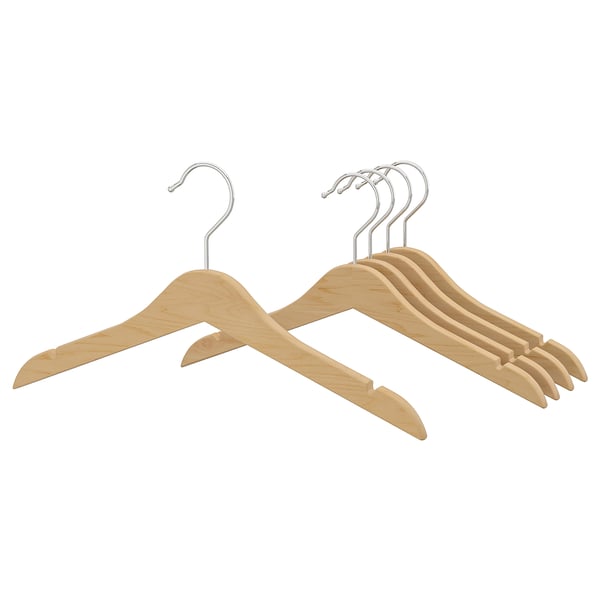 Wooden hangers, natural colour, five lightweight hangers, metal hooks.