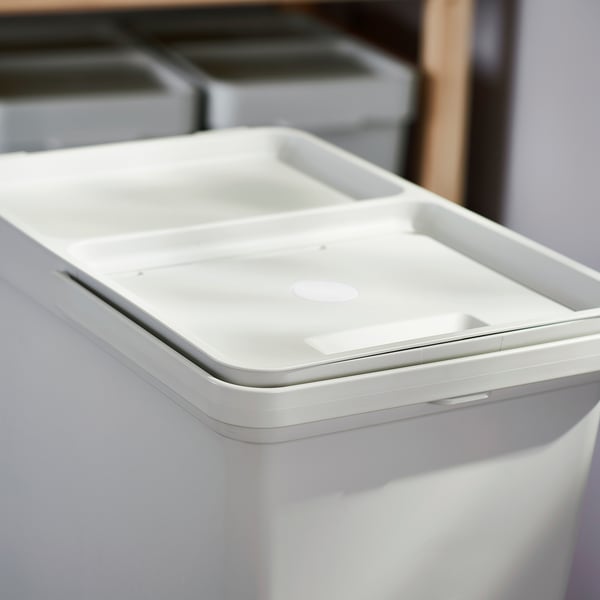 A stack of three HÅLLBAR grey waste sorting bins with lids for efficient recycling and composting.