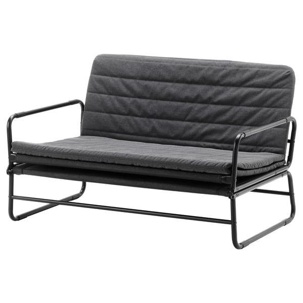 Black convertible sofa bed with metal frame, cushioned seat, and backrest.