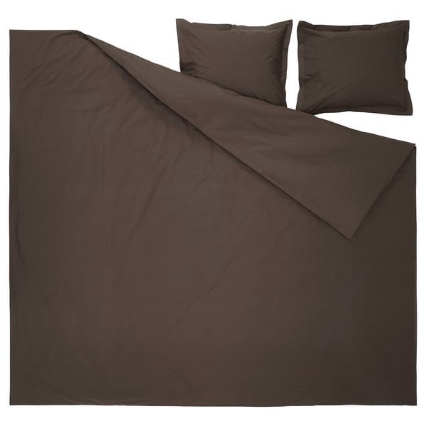 Dark brown bed set with duvet and 2 pillowcases, crisp cotton percale, classic design.