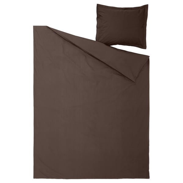 HAMPFLOCKEL duvet & pillow in dark brown, plain design, made of cotton.