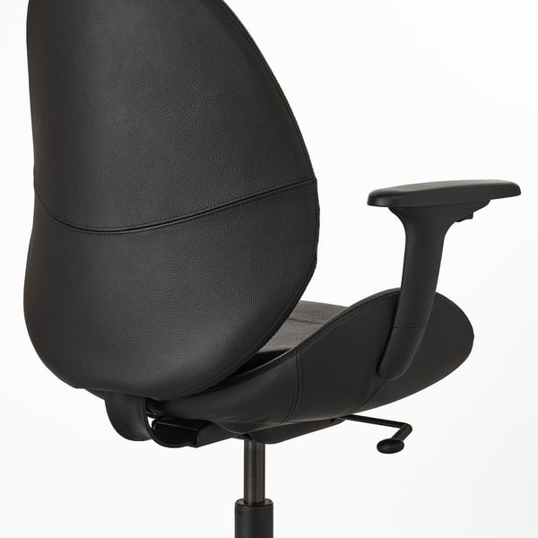 Black office chair with ergonomic design, adjustable lumbar support, and armrests.