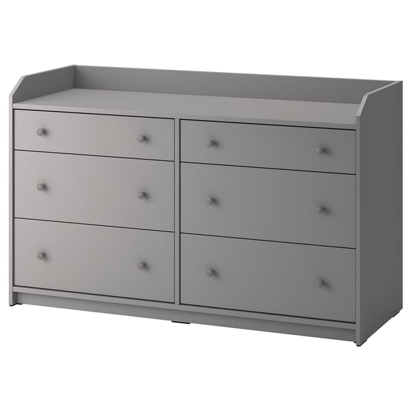 Grey HAUGA chest with six drawers, modern, minimalist design. Ideal for bedrooms, versatile, safe, wall-mountable.