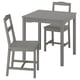 Grey wooden dining set with square table and two matching chairs.