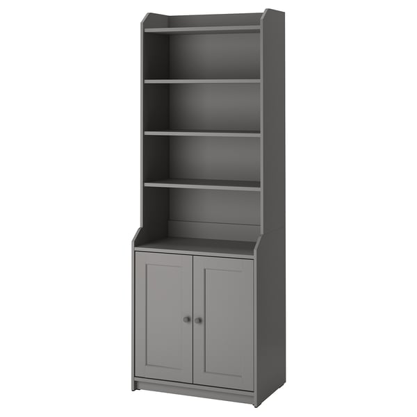 A grey HAUGA storage cabinet with an open top and two closed doors, ideal for versatile home use with a traditional design.