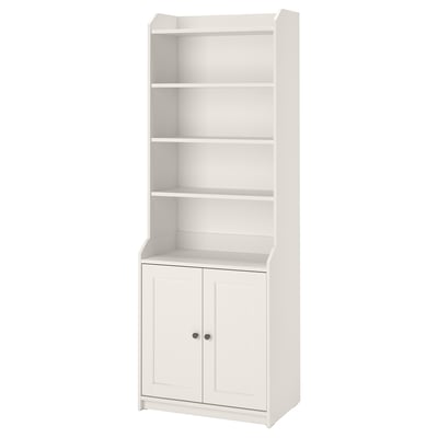 White HAUGA tall storage cabinet with open shelves and closed cabinets for versatile home use.