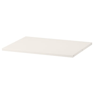 A white HAUGA shelf from IKEA, rectangular in shape, made of paper foil and particleboard, with smooth edges and a simple design.