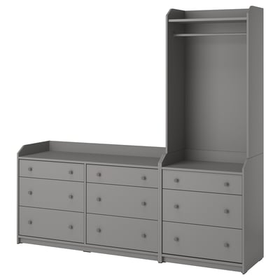 Gray HAUGA storage set with chest and wardrobe, providing ample storage with 6 drawers and hanging space, sleek modern design.