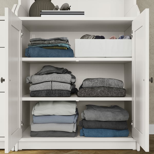 White double wardrobe with 3 shelves.