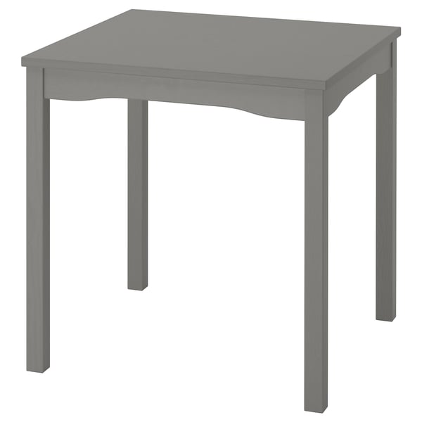 A square HAUGA dining table in grey. Its simple design four straight legs and a smooth wooden veneer top.