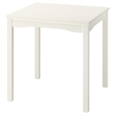 Depicts a white HAUGA dining table, a square wooden design with a smooth top and four sturdy legs, perfect for small spaces.