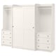 A white HAUGA modular wardrobe set with drawers and sliding doors, combining open and closed storage.