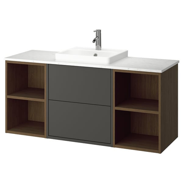 Havbaeck, dark grey bathroom vanity unit with open and closed storage, marble top, white sink.
